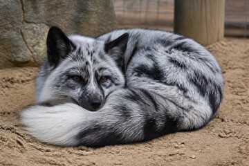 Obraz premium Silver fox curled up resting on sandy enclosure floor
