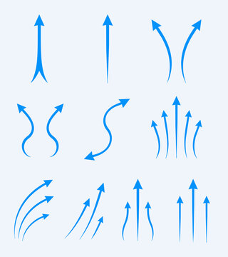 上方への上昇気流や風の流れを示す青い矢印とモーションラインのイラスト素材セット Set of blue arrows and motion lines showing upward airflow and wind current