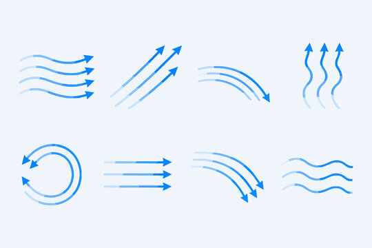 青い風と気流の流れを示す矢印とモーションラインのイラスト素材セット Set of blue wind and airflow motion line icons and arrows