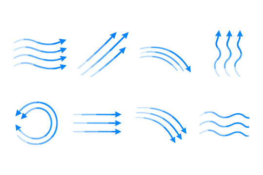 青い風と気流の流れを示す矢印とモーションラインのイラスト素材セット Set of blue wind and airflow motion line icons and arrows
