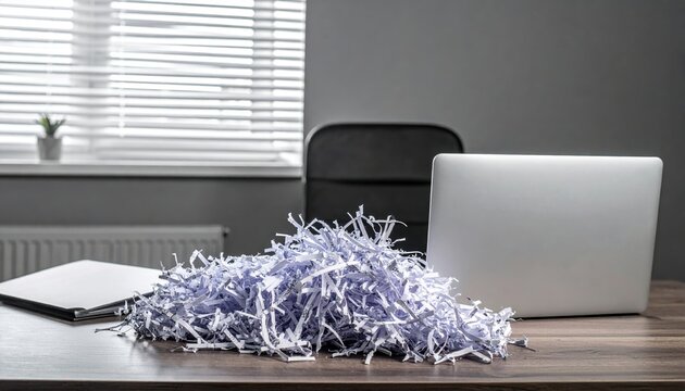 Office desk with shredded documents and laptop, cybersecurity and privacy concept