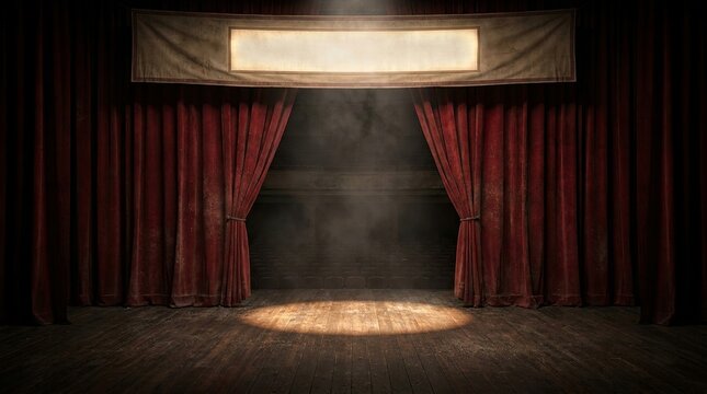 Empty vintage stage with dark red velvet curtains spotlight illuminating wooden floor and blank banner hanging above for theatrical performance or dramatic storytelling event.