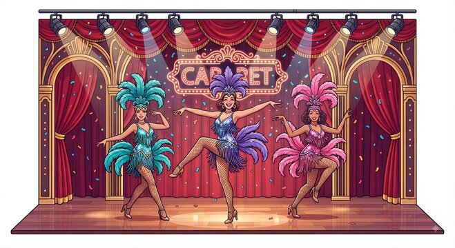 Complex flat vector illustration of a dynamic cabaret show with three dancers on a decorated stage, elaborate feathered costumes, sequins, and dramatic lighting, isolated on white background