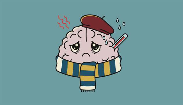 Cute cartoon brain character wearing a winter scarf and beret looks sad while holding a thermometer during an illness.
