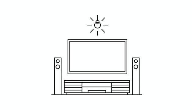 Minimalist line art drawing shows a television setup with tall speakers on both sides and a shining light bulb above.