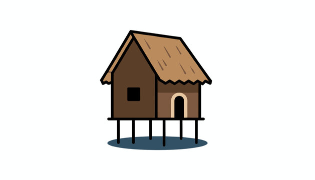 Simple wooden hut with a thatched roof is built on tall stilts over a dark blue body of water in a tropical setting.