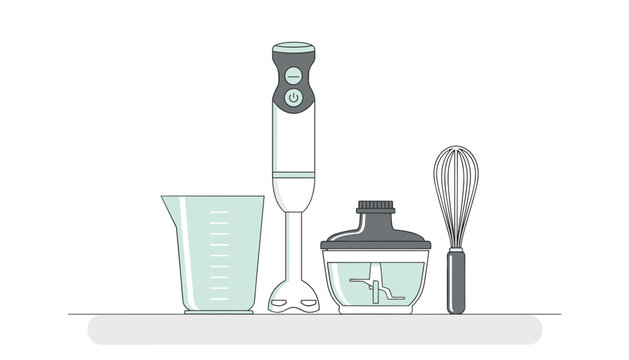 Professional immersion hand blender set with attachments including a whisk, chopper bowl, and measuring cup for culinary food preparation.