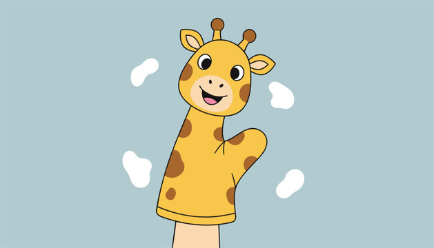 Cute cartoon giraffe hand puppet with spots and a smiling face waving against a soft blue background for children entertainment and play.