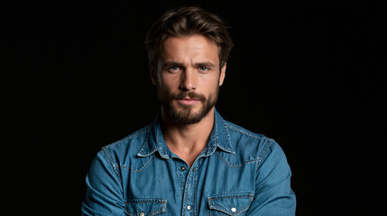 Obraz premium Confident bearded man wearing denim shirt posing in studio portrait against black background