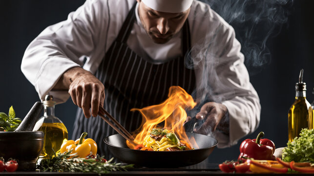 Professional chef flamb&eacute;ing pasta in a hot pan with dramatic flames and fresh ingredients