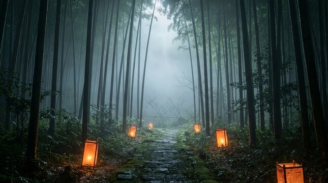 Mysterious stone path through bamboo forest features glowing paper lanterns and thick morning mist creating ethereal atmosphere for meditation wellness or fantasy background.