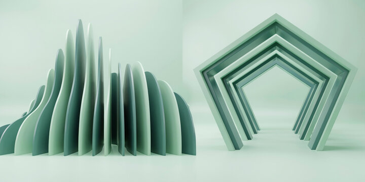 Abstract 3d Green Vertical Fins And Metallic Pentagonal Arch Frames On Light