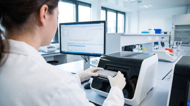 Laboratory Researcher Loading PCR Plate into Real-Time PCR Thermal Cycler