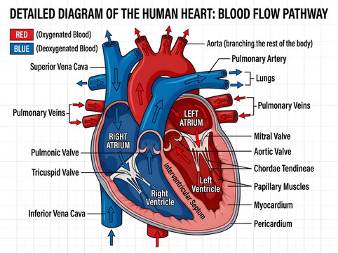 Human heart diagram showing blood flow pathway