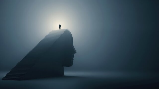 Person at summit of face-shaped staircase in fog