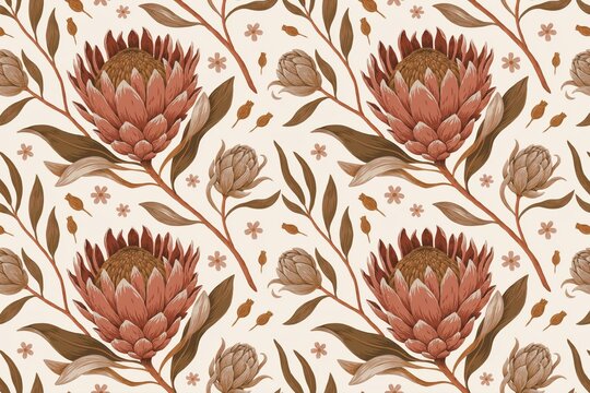 Seamless pattern featuring botanical of protea flowers, buds, and leaves in earthy brown and muted orange tones on beige background