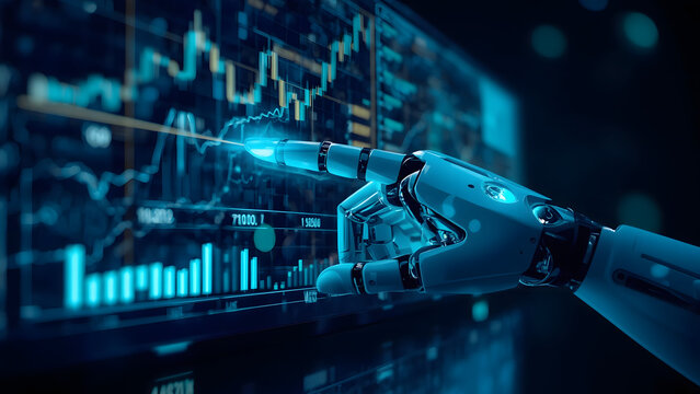 Robotic hand analyzing stock market charts, artificial intelligence trading on financial data screen, futuristic blue digital interface