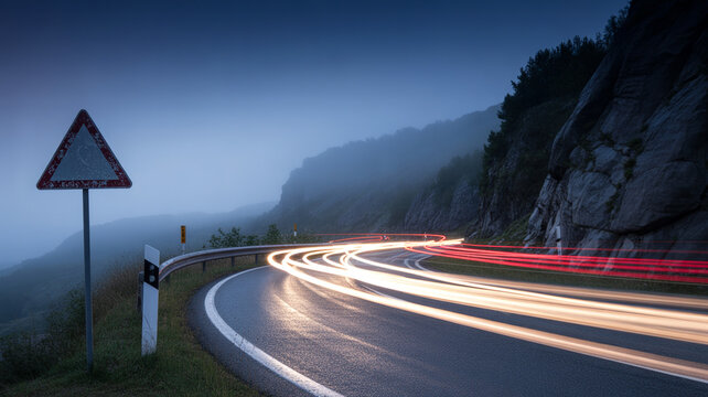 Long exposure photography captures light trails on curvy mountain road under twilight sky for travel and transportation design.