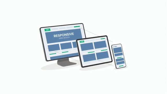 Responsive web design concept illustrating consistent user interface layout across computer tablet with illustration three digital devices showing consistent