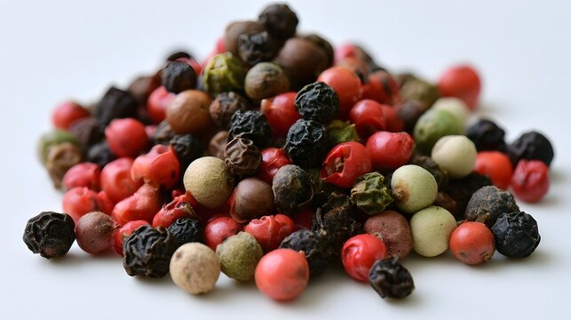 A vibrant pile of assorted peppercorns including black  red  white  and green varieties on a clean white surface