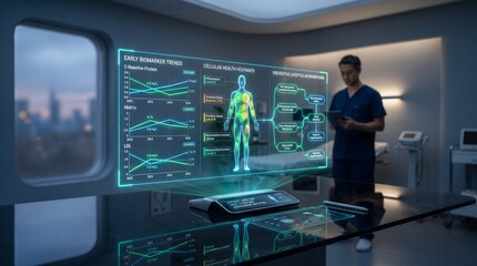 Fototapeta premium Medical professional analyzing futuristic holographic patient data in a modern clinic room