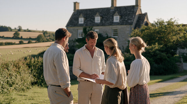 Hotel concierge team briefs in a quiet rural estate driveway, diverse group of four listening to a career coach map out pivot planning strategies on a printed chart, stone