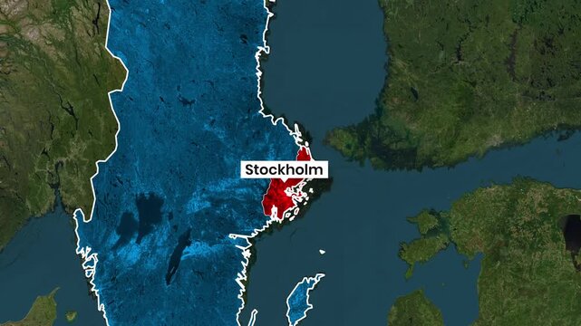 Stockholm highlighted region in a motion graphics video of the Swedish map