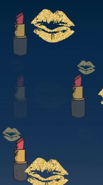 Animation of lipstick and lips icons on blue background