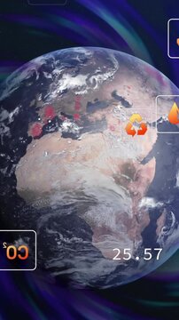 Animation of ecology and green energy icons over globe of connections