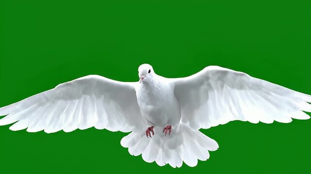 White dove flies with spread wings against a solid green background.
