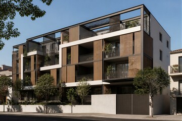 Fototapeta premium Contemporary apartment building with wooden facade on street
