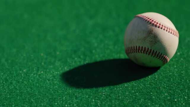 Baseball rolling on green turf under bright sunlight with dramatic shadows