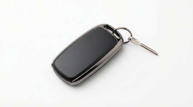Modern black car key fob with silver metal ring, sleek automotive remote control on white background, wireless vehicle entry system