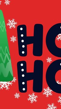 Animation of falling snow over christmas tree and hoho text
