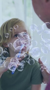 Animation of virus cells over caucasian boy brushing theeth