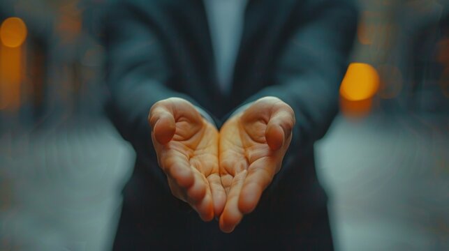 Close-up of a persons open hands presented forward in a welcoming or offering gesture, with a blurred background.