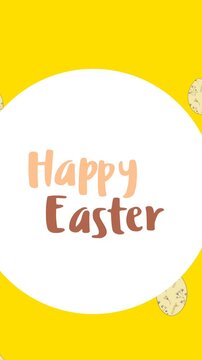 Animation of happy easter in circle over easter eggs on yellow background