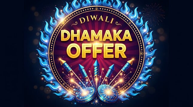 Diwali dhamaka offer promotional graphic with fireworks and blue flame border
