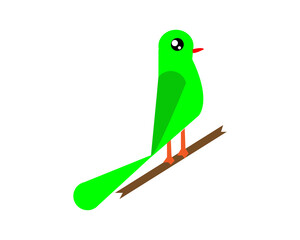 Cute green bird sitting on a tree branch illustration