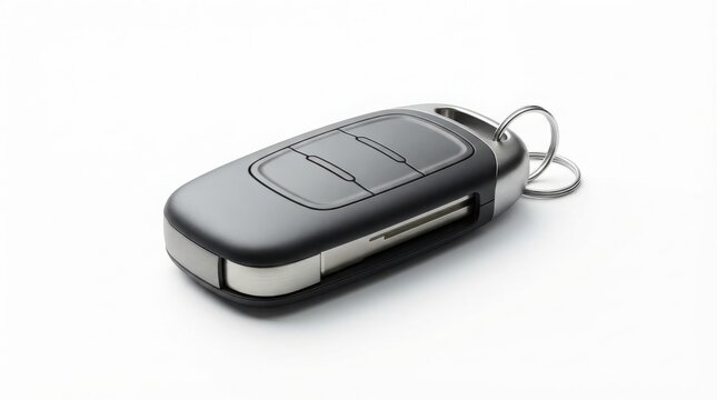 Modern car key fob with remote entry buttons, black automotive smart key on white background, vehicle security and ignition transponder