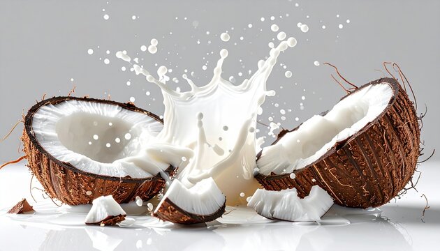 Coconut milk splash with coconut halves isolated on transparent background