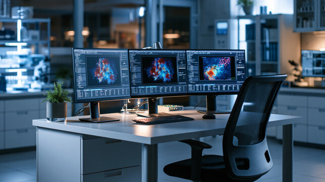 Computational biology desk with molecular screens and density maps showcasing cryo EM protein science workflow