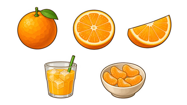 背景透過のオレンジ果実とジュースのイラスト素材セット