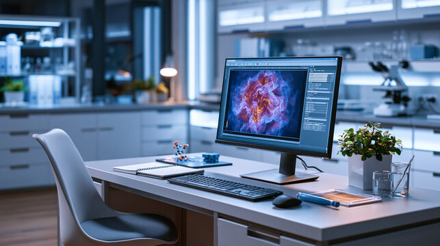 Modern structural biology workstation with protein density map monitor and cryo EM tools showcasing biotech research workflow
