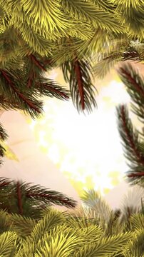 Animation of gold snowflakes falling with glowing light and christmas tree border