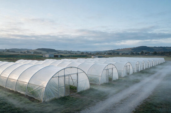 Rows of plastic polytunnels in a rural agricultural field with early morning mist. Modern commercial farming infrastructure and food production in the countryside