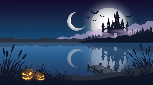 Halloween night landscape with spooky castle, full moon, and jack-o'-lanterns by a lake