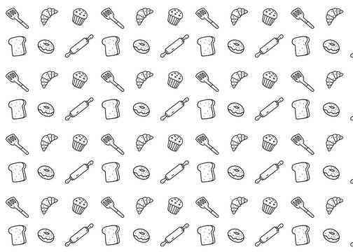 Seamless bakery illustration pattern with black outline and white background. Food packaging, menu illustration. Hand drawn wrapping design, food business, bakeshop