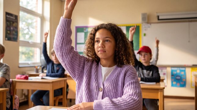 Schoolgirl raising hand during classroom lesson with classmates