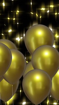 Animation of gold balloons with light spots on black background